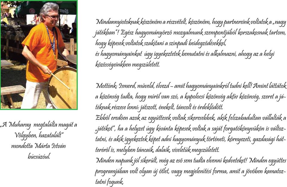 helyi közösségeinkben megszületett. A Muharay megtalálta magát a Völgyben, hazatalált mondotta Márta István búcsúzóul. Mottónk: Ismerd, müveld, élvezd amit hagyományainkról tudni kell!