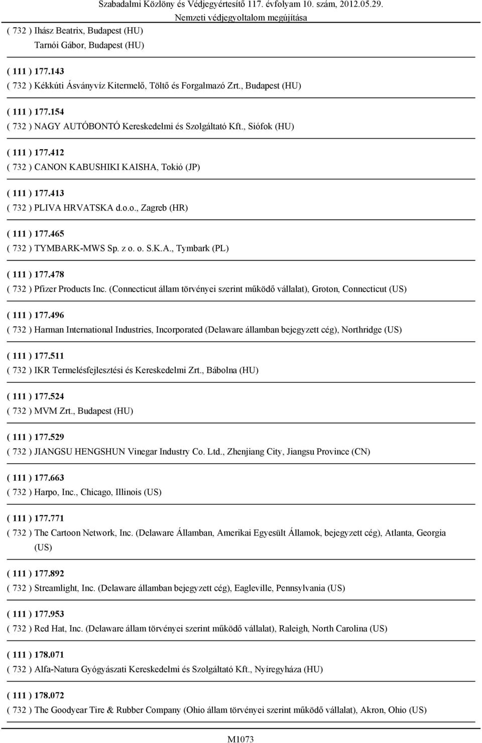 478 ( 732 ) Pfizer Products Inc. (Connecticut állam törvényei szerint működő vállalat), Groton, Connecticut (US) ( 111 ) 177.