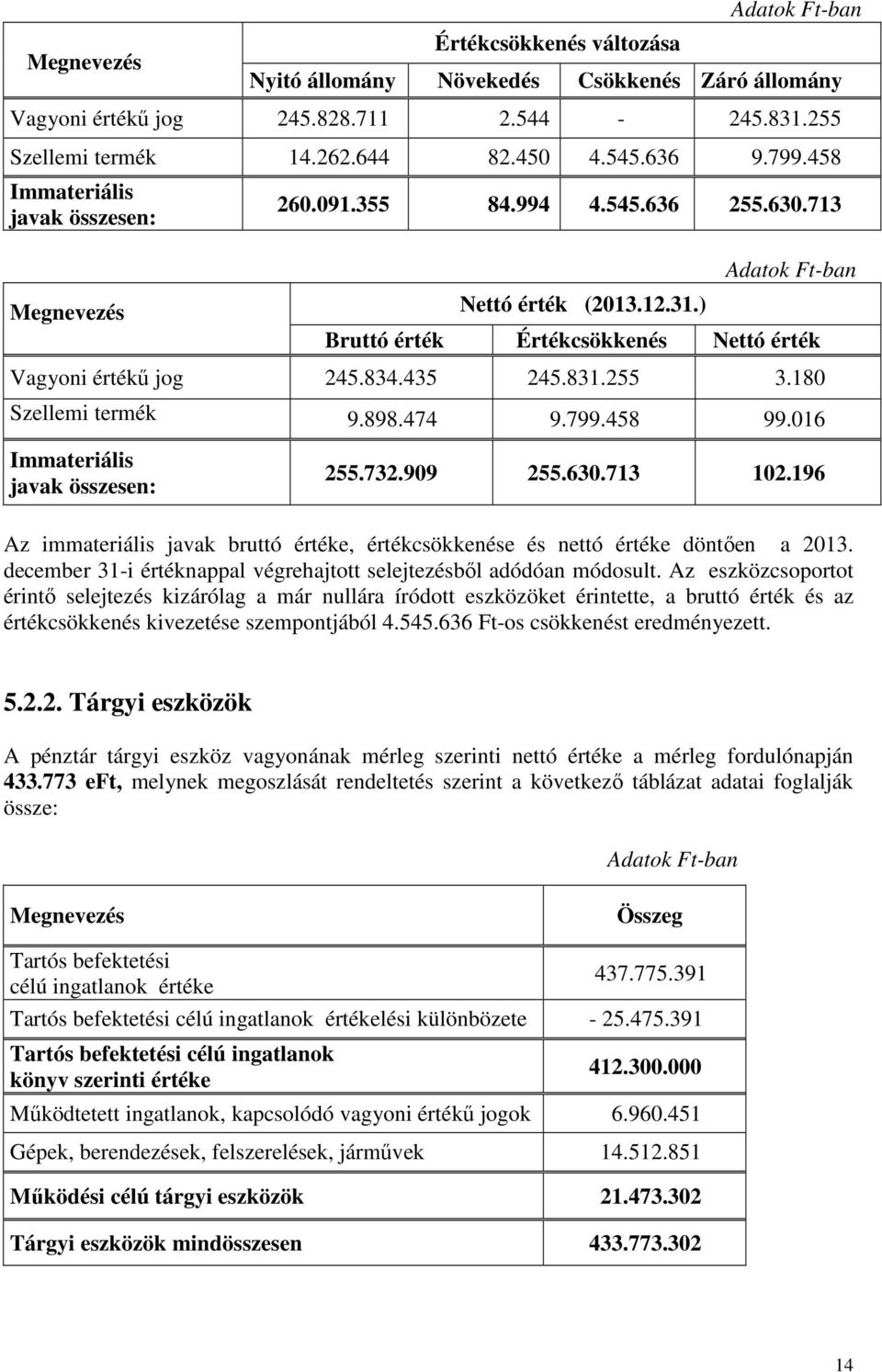 18 Szellemi ermék 9.898.474 9.799.458 99.1 mmaeriális javak összesen: 255.732.99 255.3.713 12.19 Az immaeriális javak bruó éréke, érékcsökkenése és neó éréke dönően a 213.