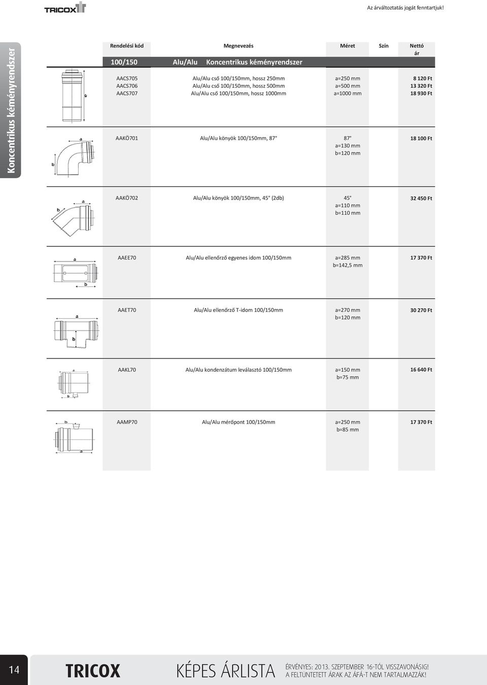 450 Ft AAEE70 Alu/Alu ellen rz egyenes idom 100/150mm a=285 mm b=142,5 mm 17 370 Ft AAET70 Alu/Alu ellen rz T-idom 100/150mm a=270 mm b=120 mm 30 270 Ft AAKL70 Alu/Alu kondenzátum leválasztó