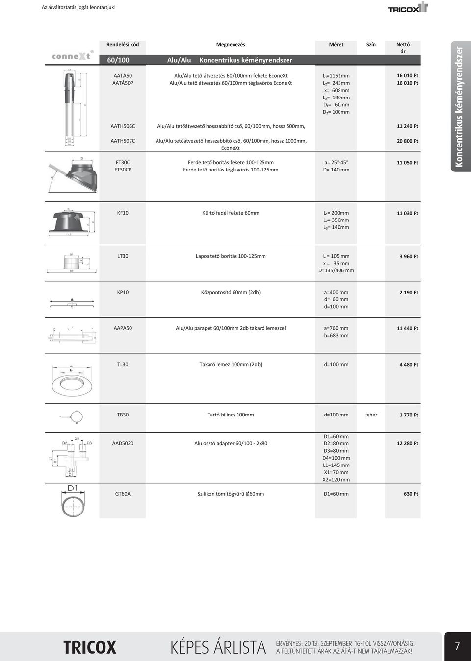 60mm D = 100mm AATH506C Alu/Alu tet átvezet hosszabbító cs, 60/100mm, hossz 500mm, AATH507C Alu/Alu tet átvezet hosszabbító cs, 60/100mm, hossz 1000mm, EconeXt FT30C Ferde tet borítás fekete