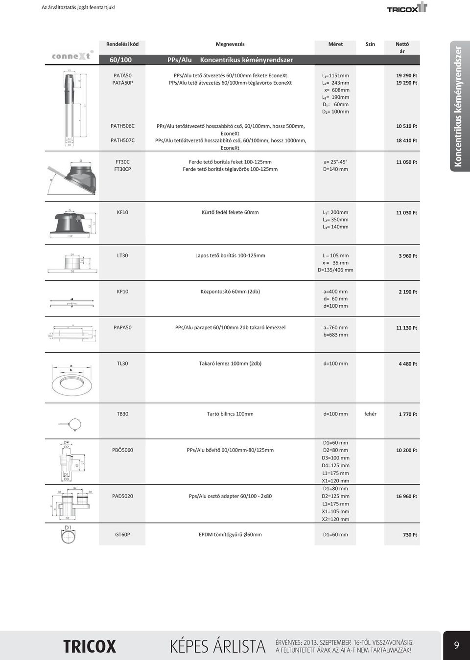 60mm D = 100mm PATH506C PATH507C PPs/Alu tet átvezet hosszabbító cs, 60/100mm, hossz 500mm, EconeXt PPs/Alu tet átvezet hosszabbító cs, 60/100mm, hossz 1000mm, EconeXt FT30C Ferde tet borítás feket