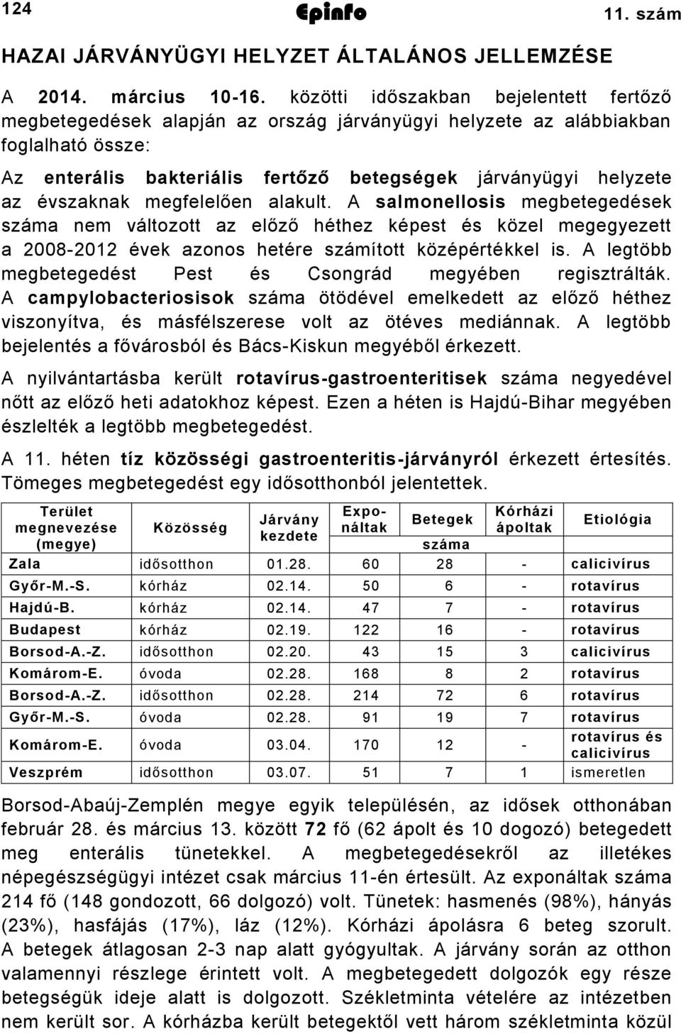 évszaknak megfelelően alakult. A salmonellosis megbetegedések száma nem változott az előző héthez képest és közel megegyezett a 2008-2012 évek azonos hetére számított középértékkel is.