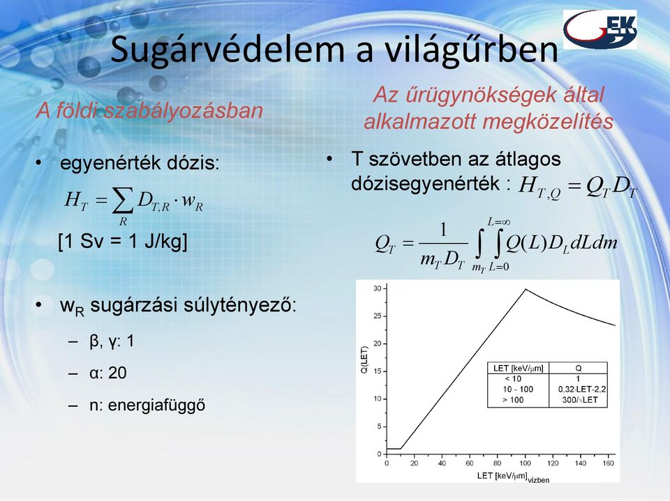 szövetben az átlagos dózisegyenérték : Q T 1 m D T T L m T L 0 H Q T, Q Q(
