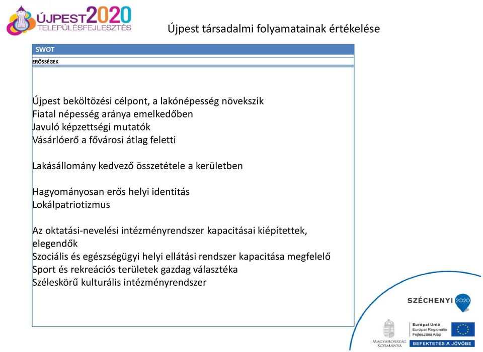 erős helyi identitás Lokálpatriotizmus Az oktatási-nevelési intézményrendszer kapacitásai kiépítettek, elegendők Szociális és