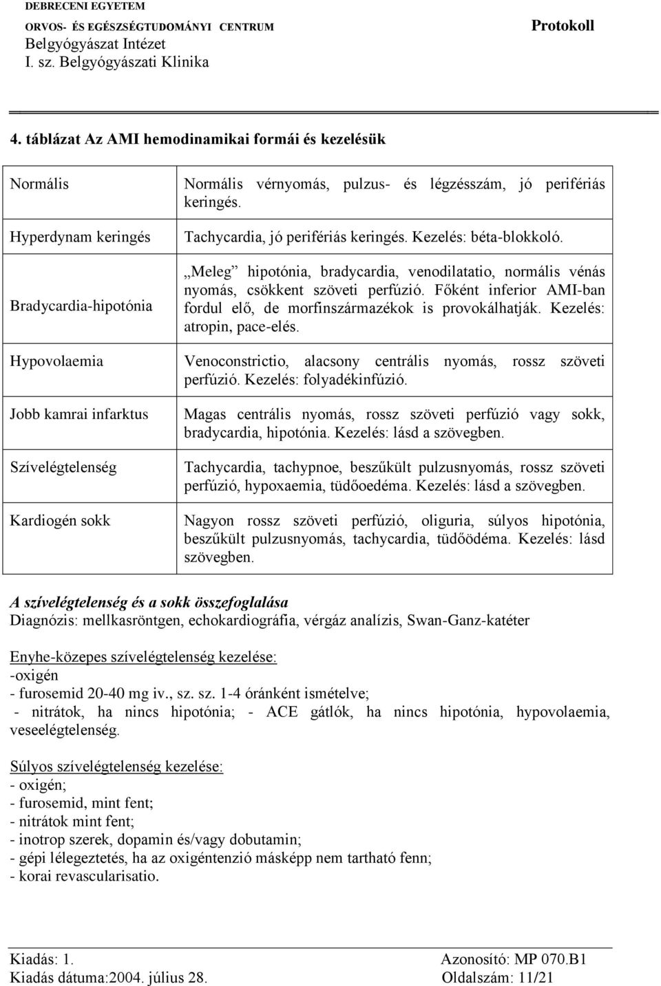 Főként inferior AMI-ban fordul elő, de morfinszármazékok is provokálhatják. Kezelés: atropin, pace-elés. Venoconstrictio, alacsony centrális nyomás, rossz szöveti perfúzió. Kezelés: folyadékinfúzió.