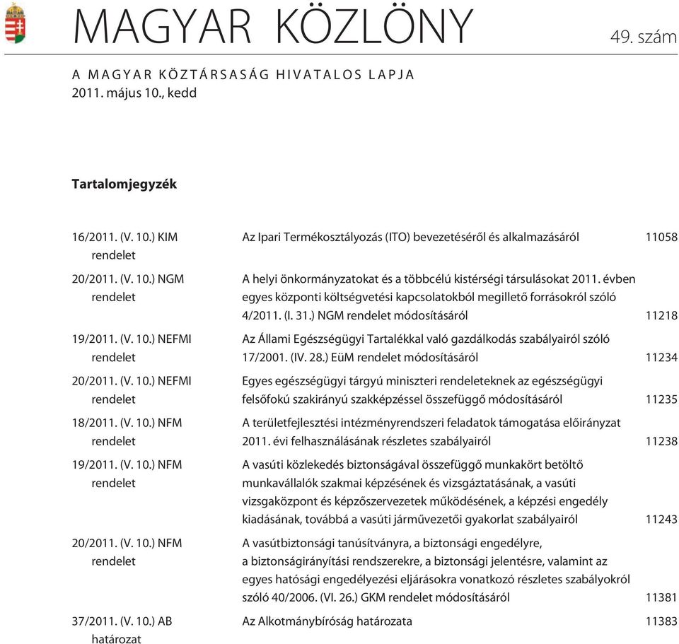 évben egyes közponi kölségveési kapcsolaokból megilleõ forrásokról szóló 4/2011. (I. 31.) NGM rendele módosíásáról 11218 Az Állami Egészségügyi Taralékkal való gazdálkodás szabályairól szóló 17/2001.