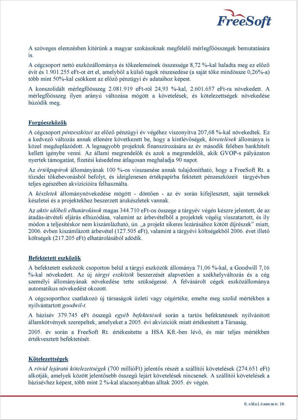 919 eft-ról 24,93 %-kal, 2.601.657 eft-ra növekedett. A mérlegf összeg ilyen arányú változása mögött a követelések, és kötelezettségek növekedése húzódik meg.