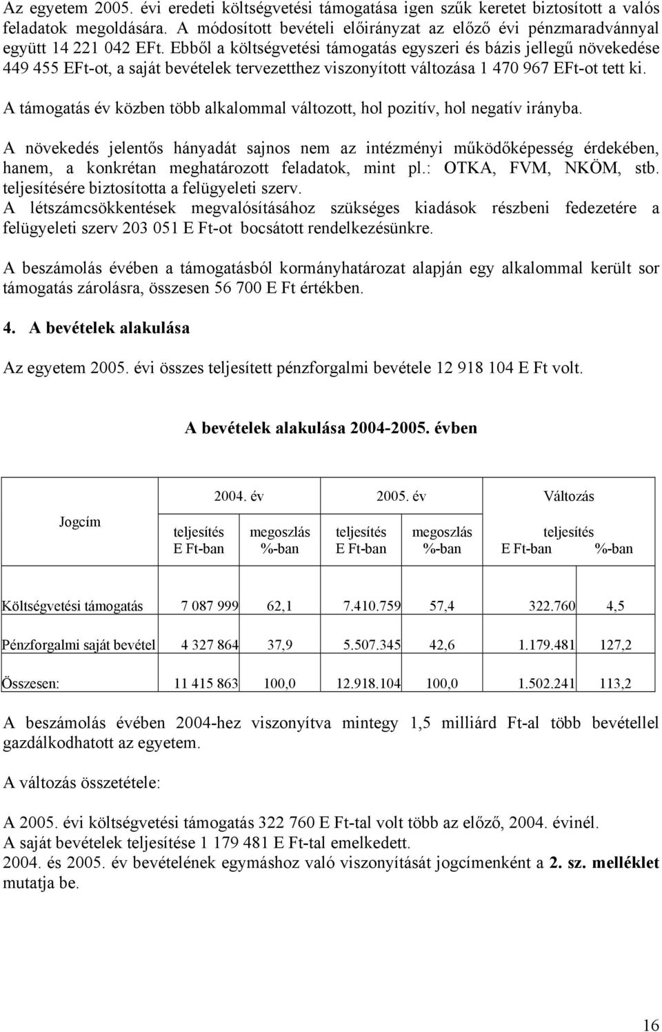 Ebből a költségvetési támogatás egyszeri és bázis jellegű növekedése 449 455 EFt-ot, a saját bevételek tervezetthez viszonyított változása 1 470 967 EFt-ot tett ki.