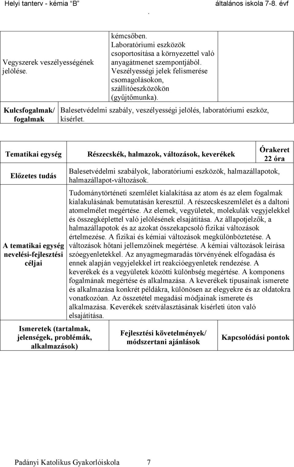 céljai Ismeretek (tartalmak, jelenségek, problémák, alkalmazások) Részecskék, halmazok, változások, keverékek Órakeret 22 óra Balesetvédelmi szabályok, laboratóriumi eszközök, halmazállapotok,