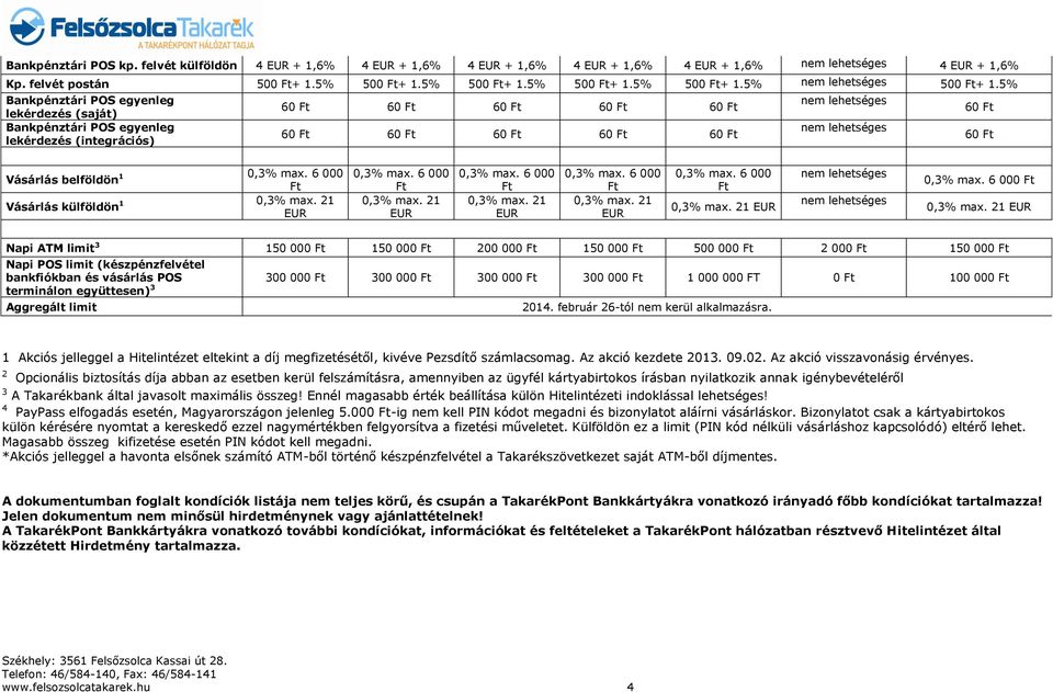 5% Bankpénztári POS egyenleg lekérdezés (saját) Bankpénztári POS egyenleg lekérdezés (integrációs) 60 Ft 60 Ft 60 Ft 60 Ft 60 Ft 60 Ft 60 Ft 60 Ft 60 Ft 60 Ft 60 Ft 60 Ft Vásárlás belföldön 1 0,3%