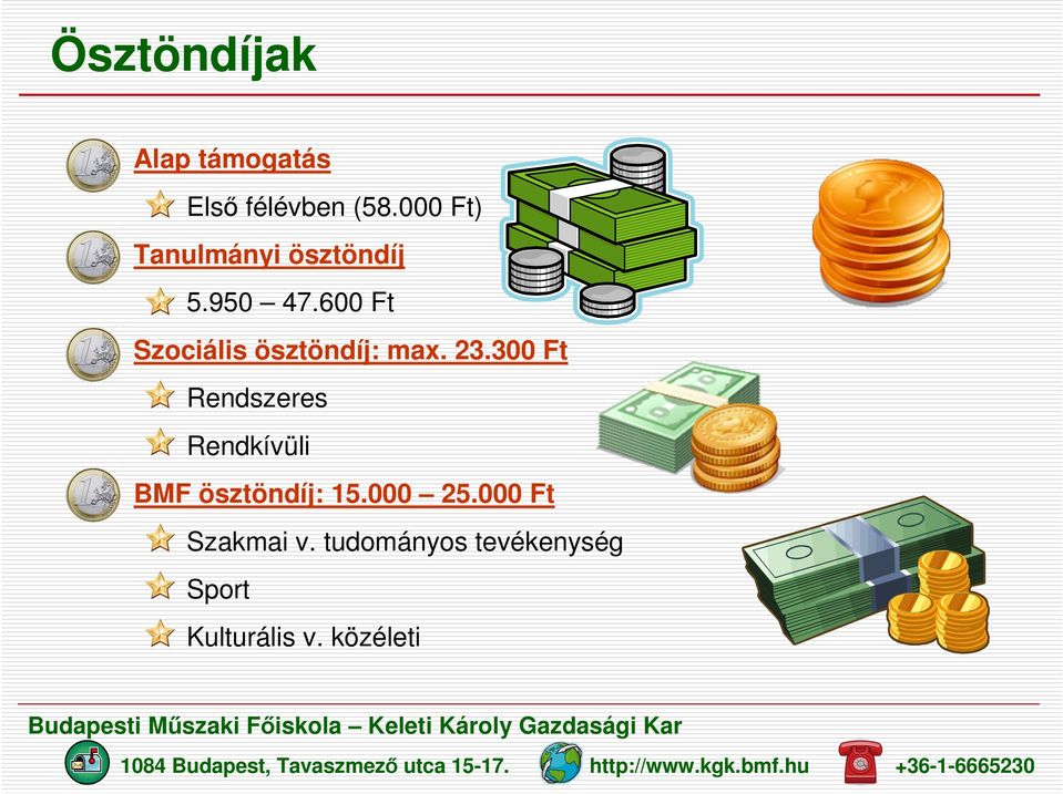 300 Ft Rendszeres Rendkívüli BMF ösztöndíj: 15.000 25.000 Ft Szakmai v.