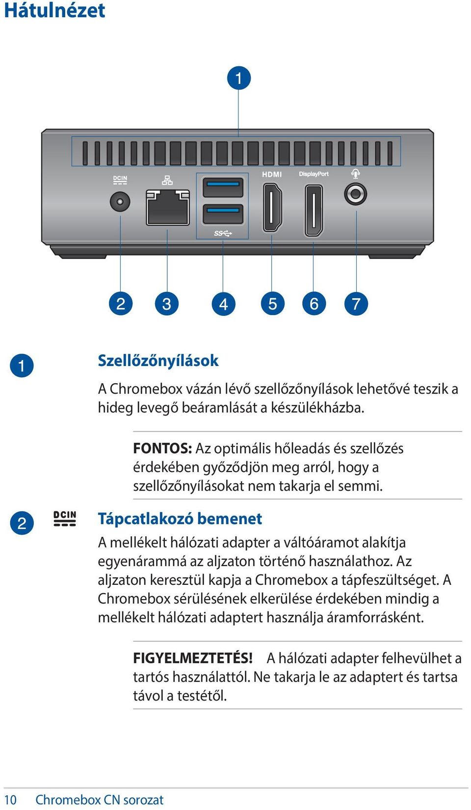 Tápcatlakozó bemenet A mellékelt hálózati adapter a váltóáramot alakítja egyenárammá az aljzaton történő használathoz.