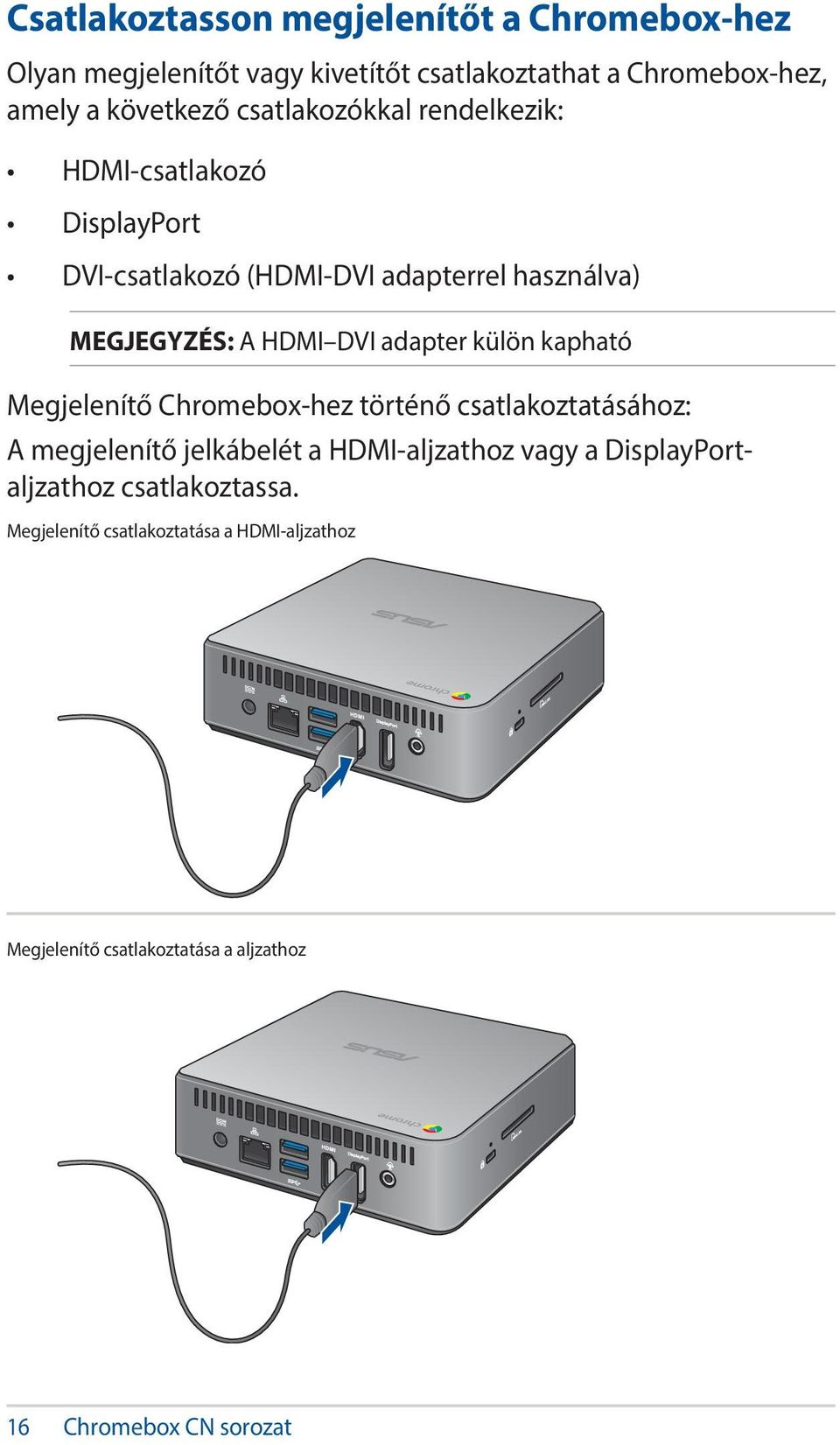 adapter külön kapható Megjelenítő Chromebox-hez történő csatlakoztatásához: A megjelenítő jelkábelét a HDMI-aljzathoz vagy a