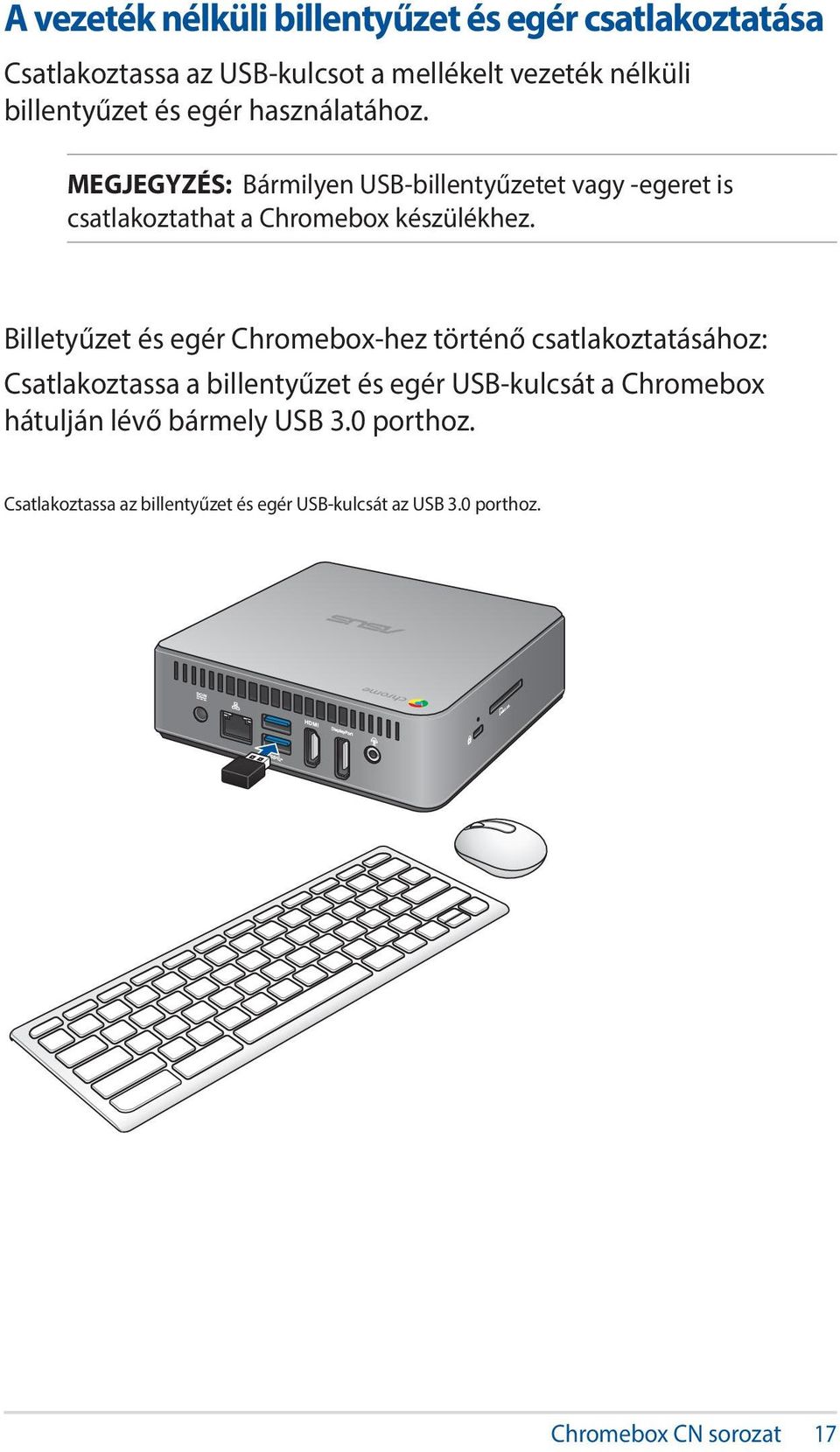 Billetyűzet és egér Chromebox-hez történő csatlakoztatásához: Csatlakoztassa a billentyűzet és egér USB-kulcsát a Chromebox