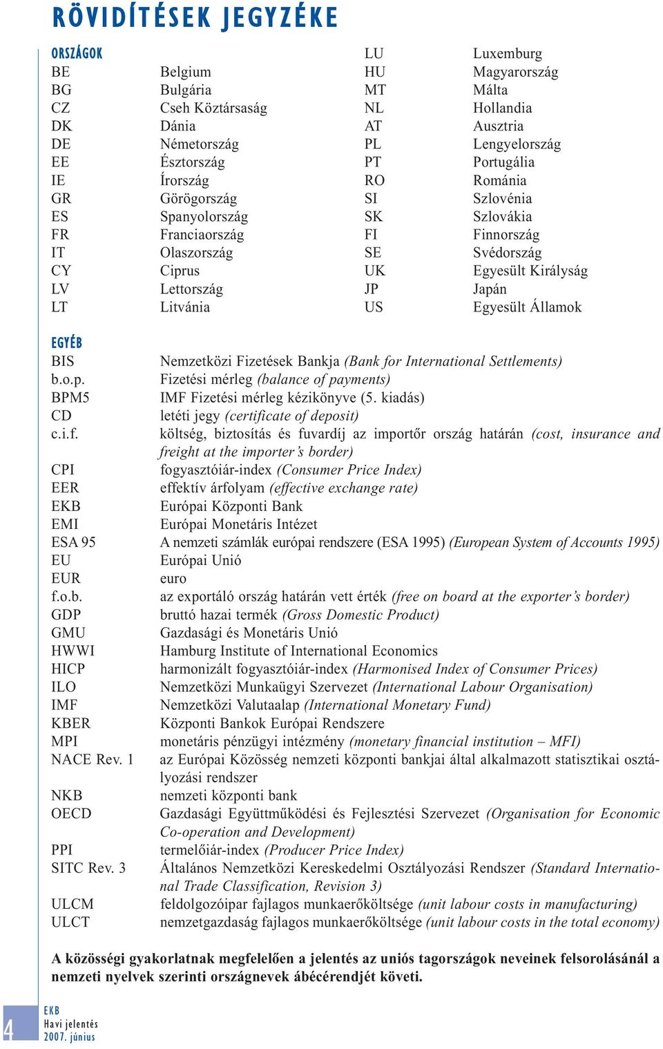 JP Japán LT Litvánia US Egyesült Államok EGYÉB BIS Nemzetközi Fizetések Bankja (Bank for International Settlements) b.o.p. Fizetési mérleg (balance of payments) BPM5 IMF Fizetési mérleg kézikönyve (5.