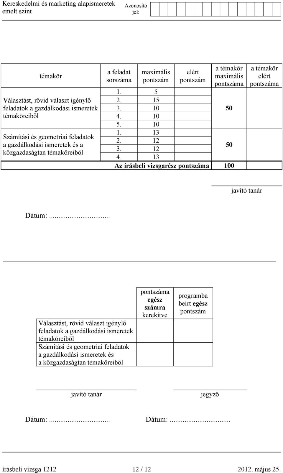 13 Az írásbeli vizsgarész pontszáma 100 a témakör elért pontszáma javító tanár Dátum:.