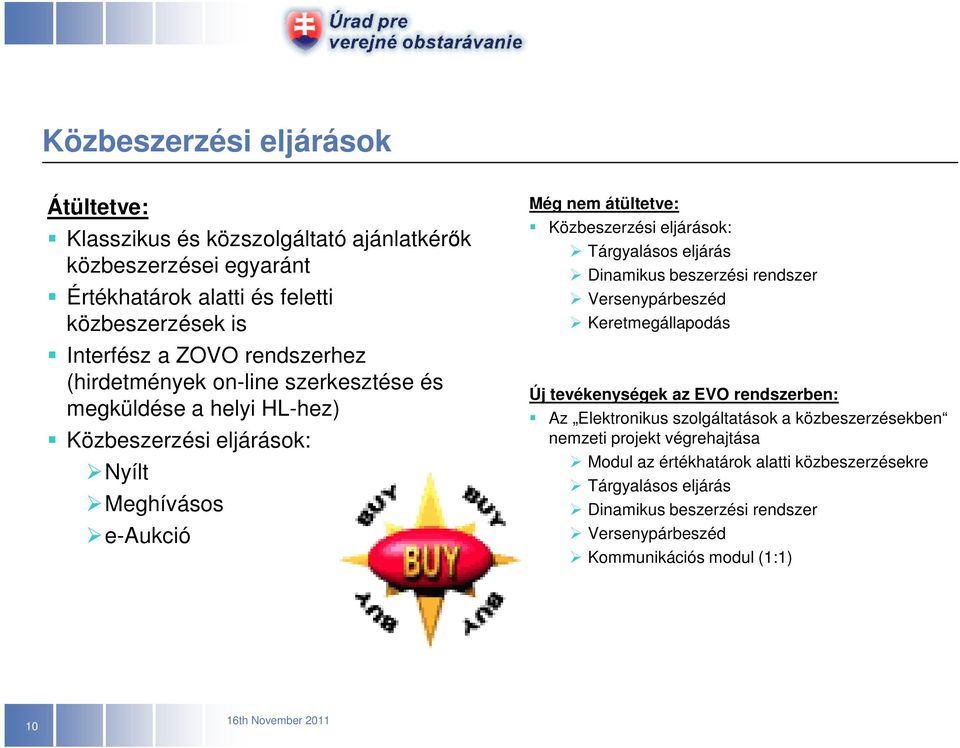 eljárások: Tárgyalásos eljárás Dinamikus beszerzési rendszer Versenypárbeszéd Keretmegállapodás Új tevékenységek az EVO rendszerben: Az Elektronikus szolgáltatások a