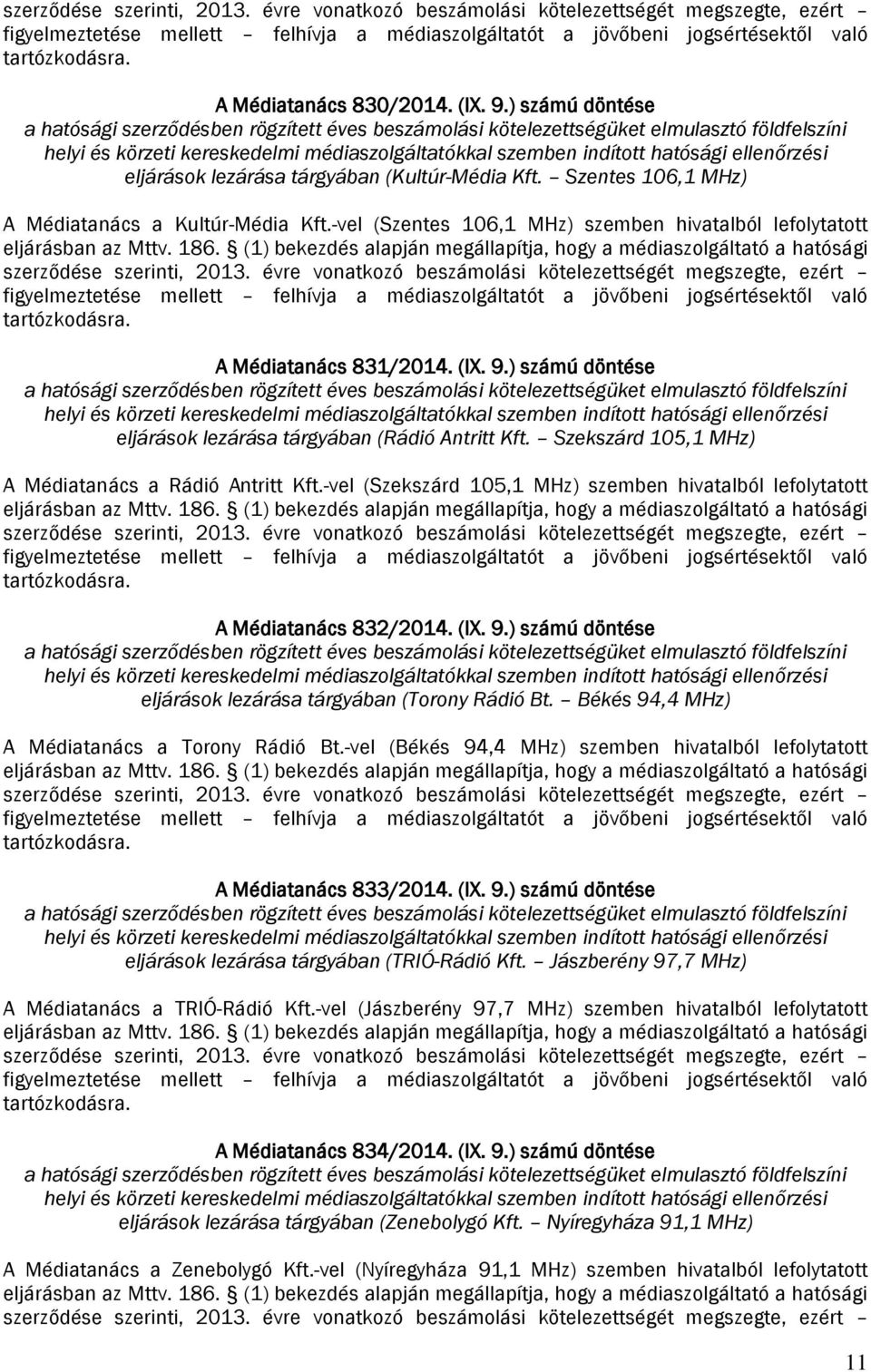 ) számú döntése a hatósági szerződésben rögzített éves beszámolási kötelezettségüket elmulasztó földfelszíni helyi és körzeti kereskedelmi médiaszolgáltatókkal szemben indított hatósági ellenőrzési