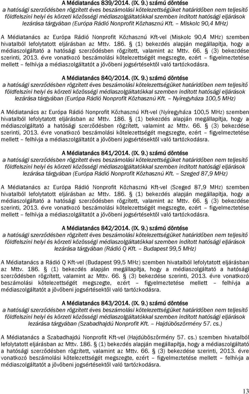 eljárások lezárása (Európa Rádió Nonprofit Közhasznú Kft.