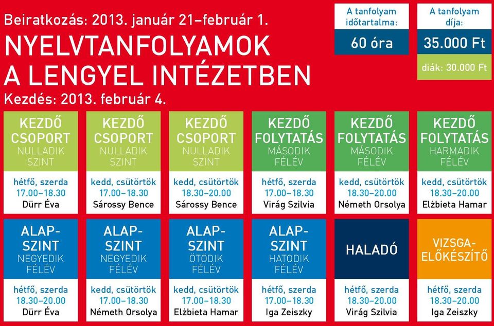 000 Ft diák: 30.000 Ft KEZDÕ folytatás HARMADIK FÉÉV hétfő, szerda 17.00 18.30 Dürr Éva kedd, csütörtök 17.00 18.30 Sárossy Bence kedd, csütörtök 18.30 20.00 Sárossy Bence hétfő, szerda 17.00 18.30 Virág Szilvia kedd, csütörtök 18.