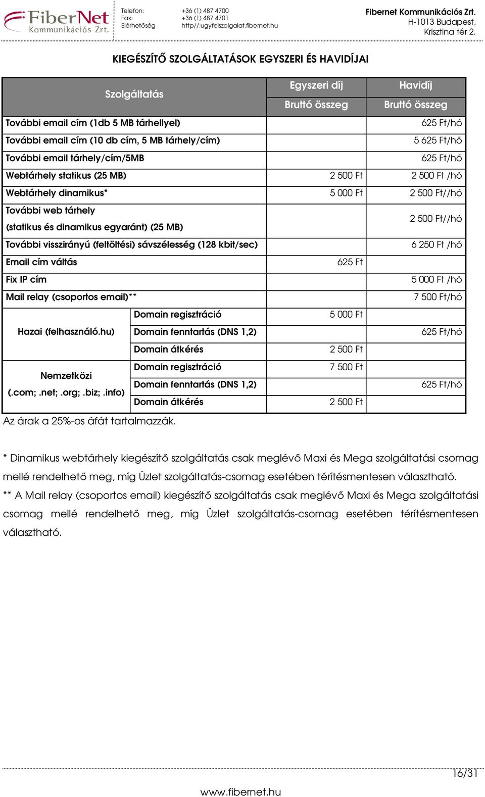 (statikus és dinamikus egyaránt) (25 MB) További visszirányú (feltöltési) sávszélesség (128 kbit/sec) 6 250 Ft /hó Email cím váltás 625 Ft Fix IP cím 5 000 Ft /hó Mail relay (csoportos email)** 7 500