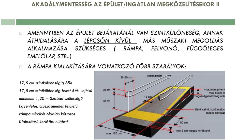 .) A RÁMPA KIALAKÍTÁSÁRA VONATKOZÓ FŐBB SZABÁLYOK: 17,5 cm szintkülönbségig 8% 17,5 cm szintkülönbség felett 5% lejtésű