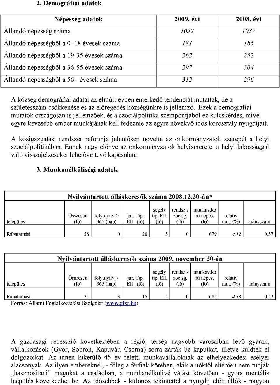 népességből a 56- évesek száma 312 296 A község demográfiai adatai az elmúlt évben emelkedő tendenciát mutattak, de a születésszám csökkenése és az elöregedés községünkre is jellemző.