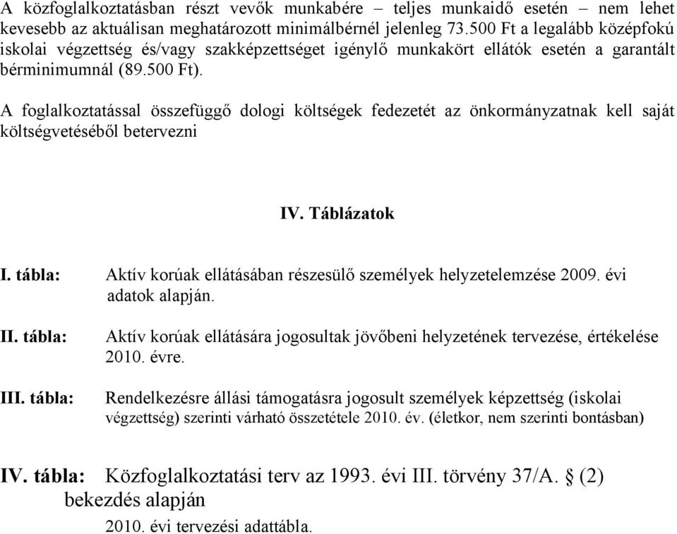 A foglalkoztatással összefüggő dologi költségek fedezetét az önkormányzatnak kell saját költségvetéséből betervezni IV. Táblázatok I.