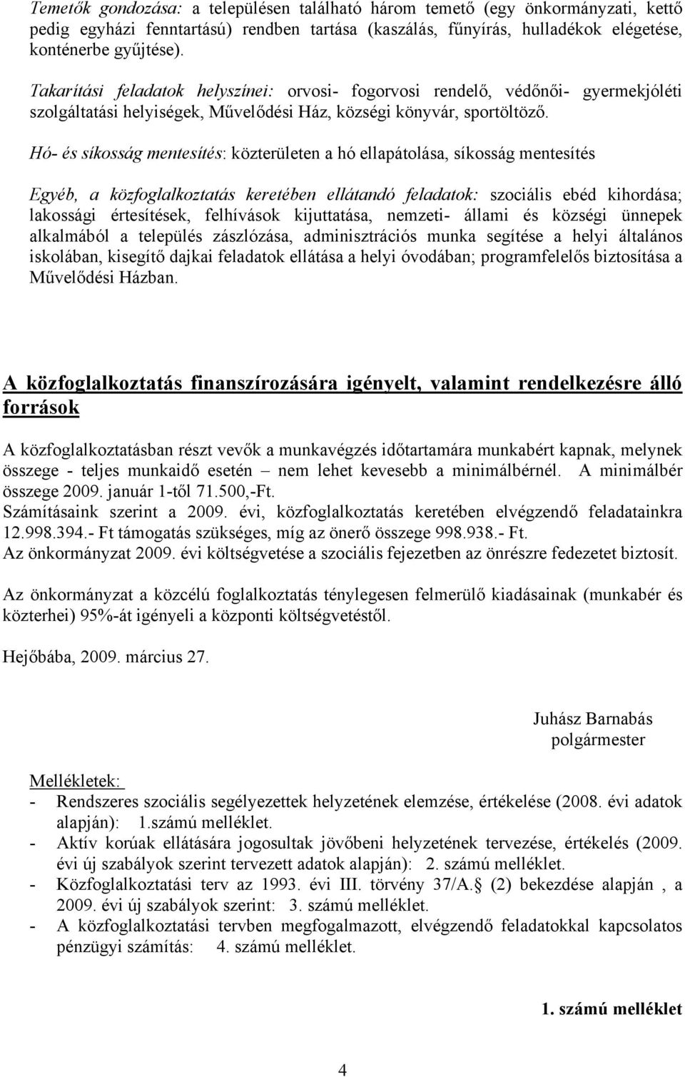 Hó- és síkosság mentesítés: közterületen a hó ellapátolása, síkosság mentesítés Egyéb, a közfoglalkoztatás keretében ellátandó feladatok: szociális ebéd kihordása; lakossági értesítések, felhívások