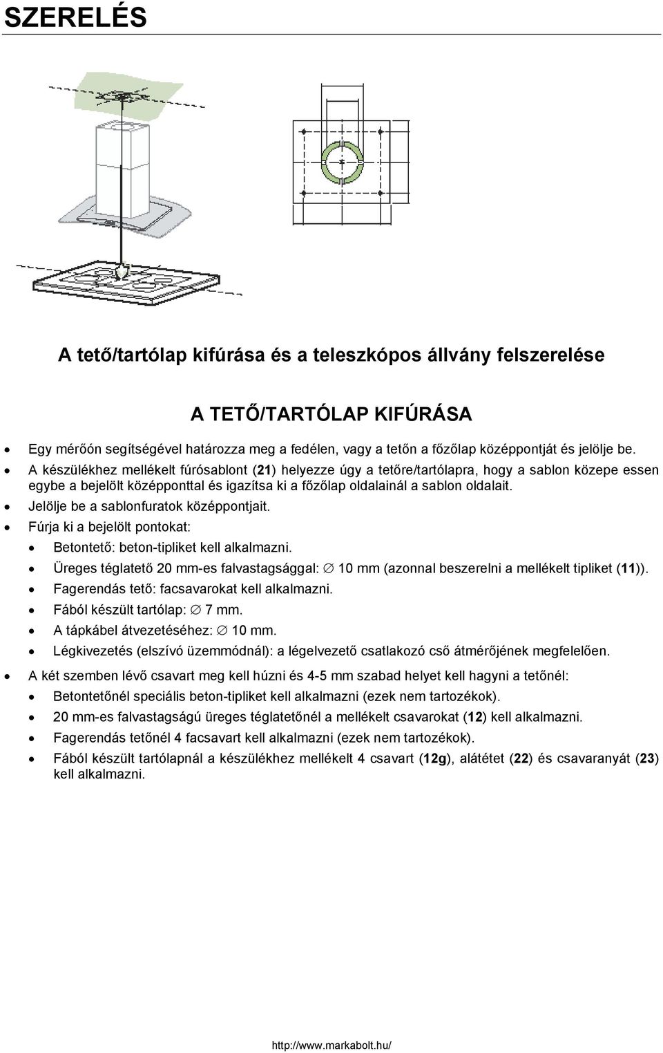 Jelölje be a sablonfuratok középpontjait. Fúrja ki a bejelölt pontokat: Betontető: beton-tipliket kell alkalmazni.