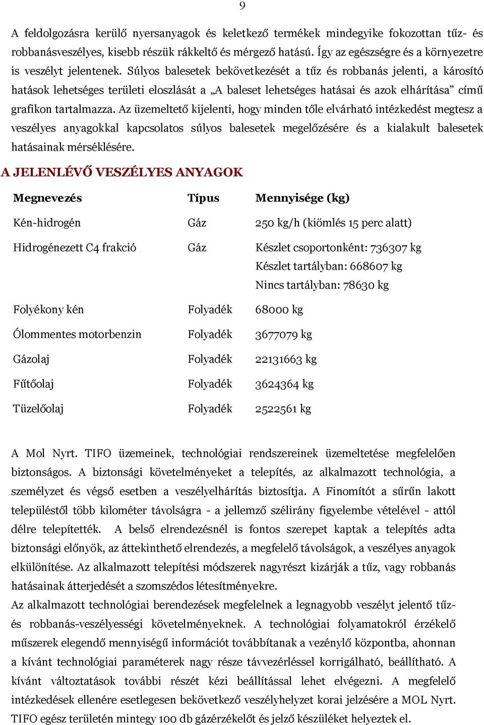 Súlyos balesetek bekövetkezését a tűz és robbanás jelenti, a károsító hatások lehetséges területi eloszlását a A baleset lehetséges hatásai és azok elhárítása című grafikon tartalmazza.