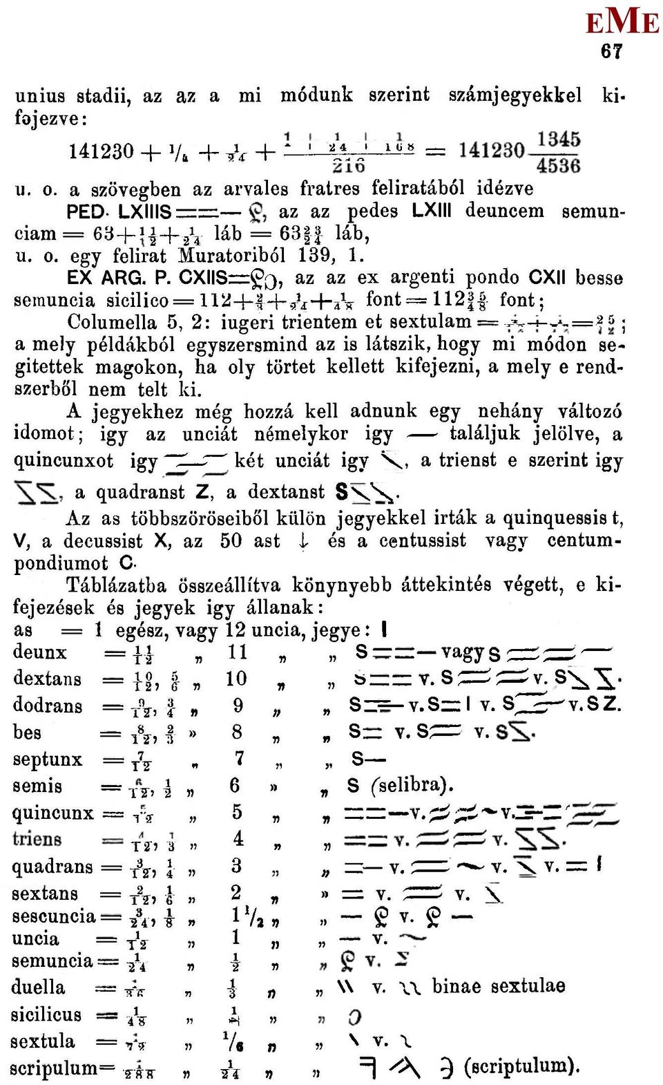 -LXIIIS==:: az az pedes LXIII deuncem semunciam = 634-1^ + 2^ láb = 63 láb, u. 0. egy felirat uratoriból 139, 1. X ARG. P.