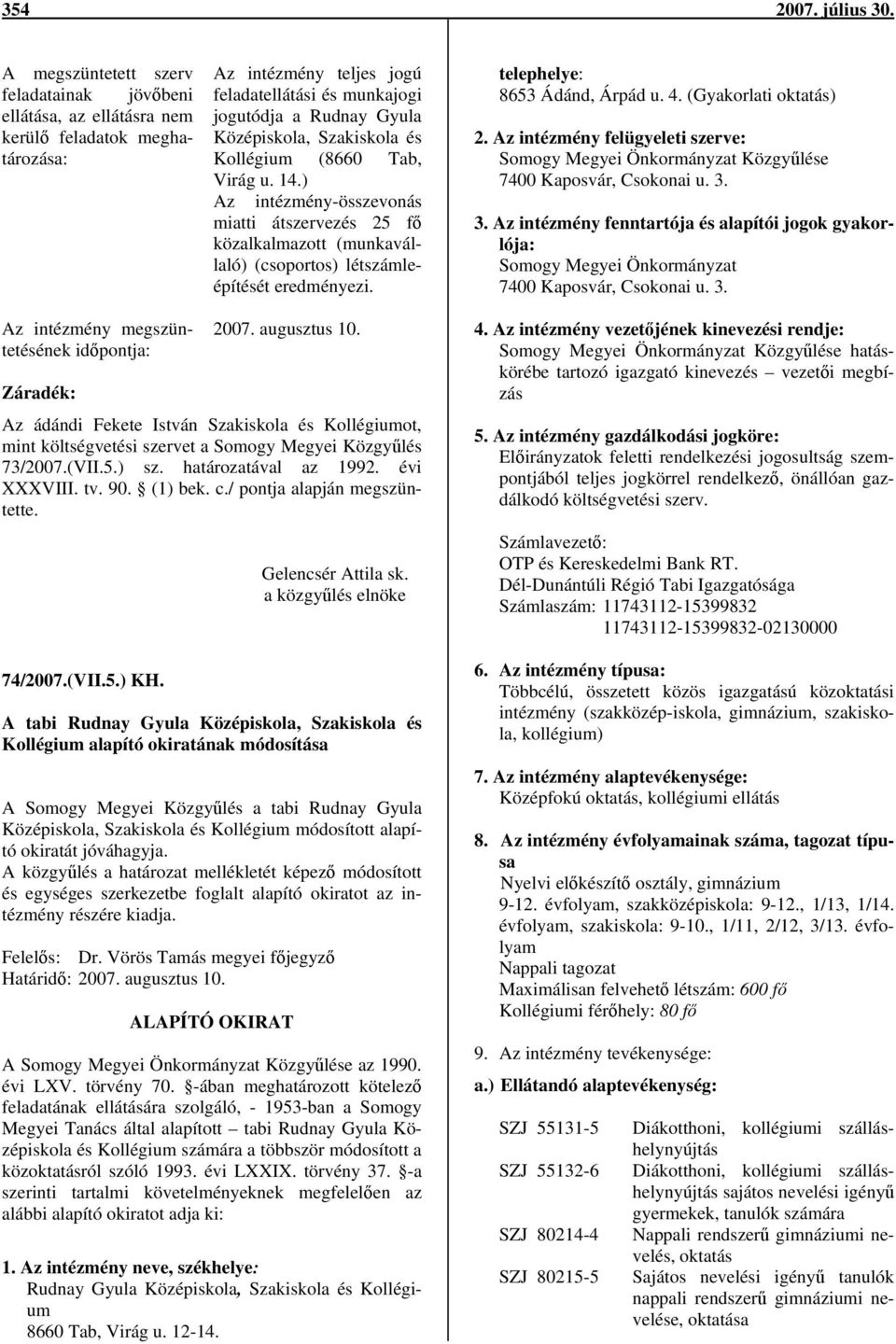 Szakiskola és Kollégium (8660 Tab, Virág u. 14.) Az intézmény-összevonás miatti átszervezés 25 fő közalkalmazott (munkavállaló) (csoportos) létszámleépítését eredményezi.