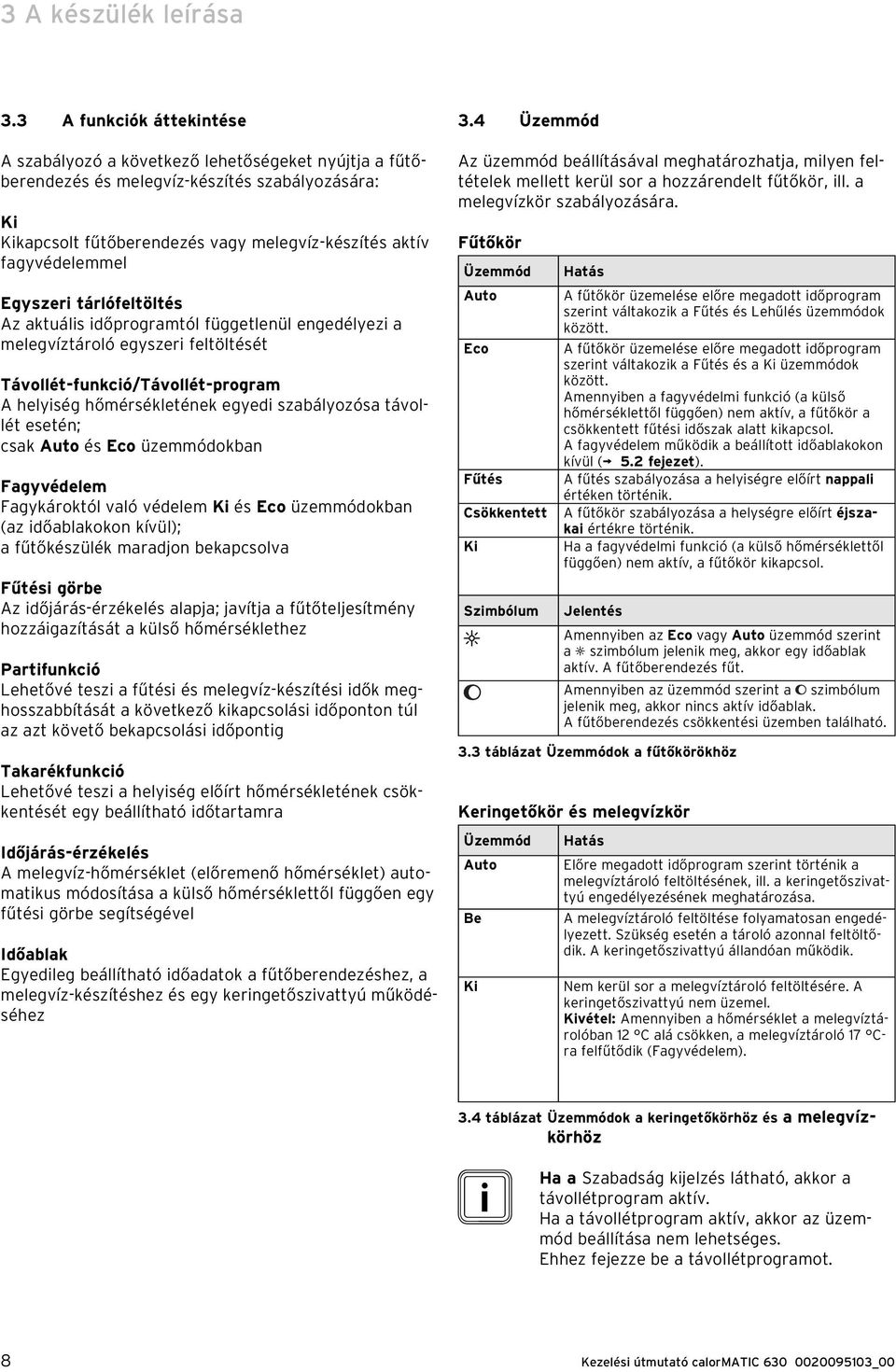 Egyszeri tárlófeltöltés Az aktuális időprogramtól függetlenül engedélyezi a melegvíztároló egyszeri feltöltését Távollét-funkció/ Távollét-program A helyiség hőmérsékletének egyedi szabályozósa