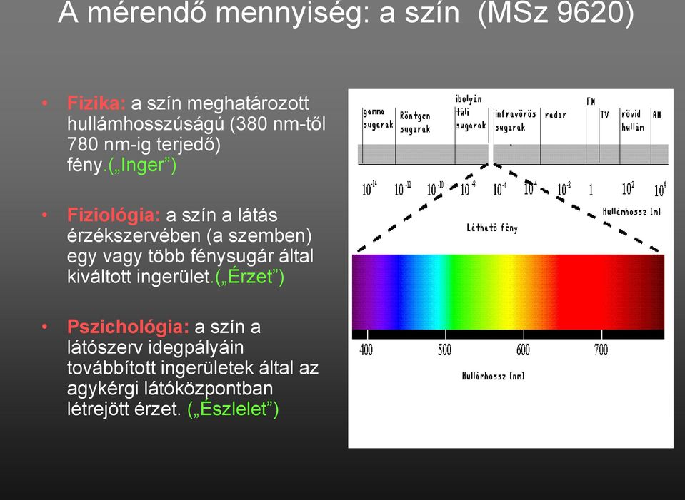 ( Inger ) Fiziológia: a szín a látás érzékszervében (a szemben) egy vagy több fénysugár által