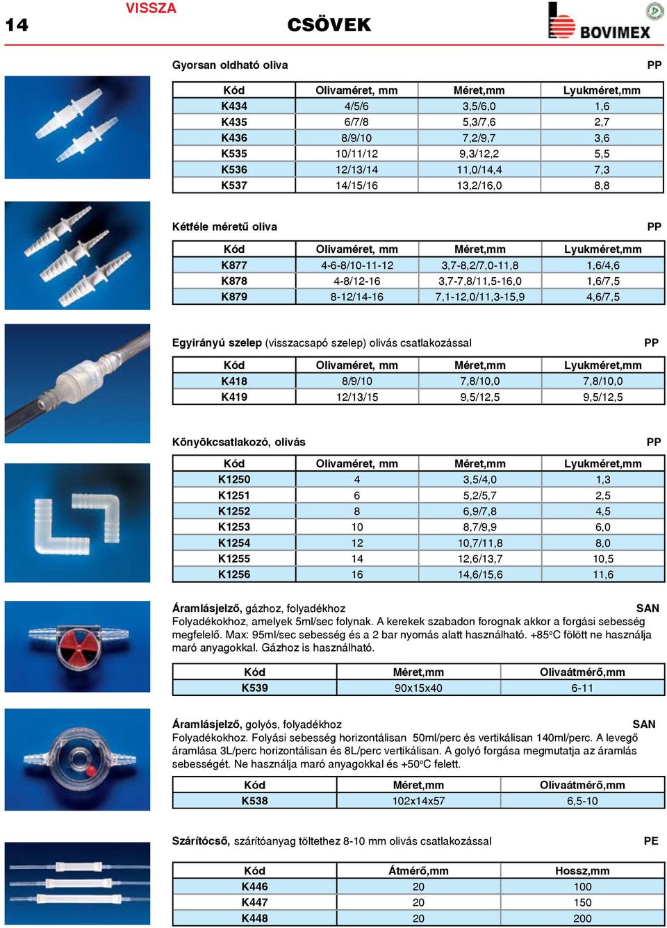 4,6/7,5 Egyirányú szelep (visszacsapó szelep) olivás csatlakozással Olivaméret, Méret, Lyukméret, K418 8/9/10 7,8/10,0 7,8/10,0 K419 12/13/15 9,5/12,5 9,5/12,5 Könyökcsatlakozó, olivás Olivaméret,