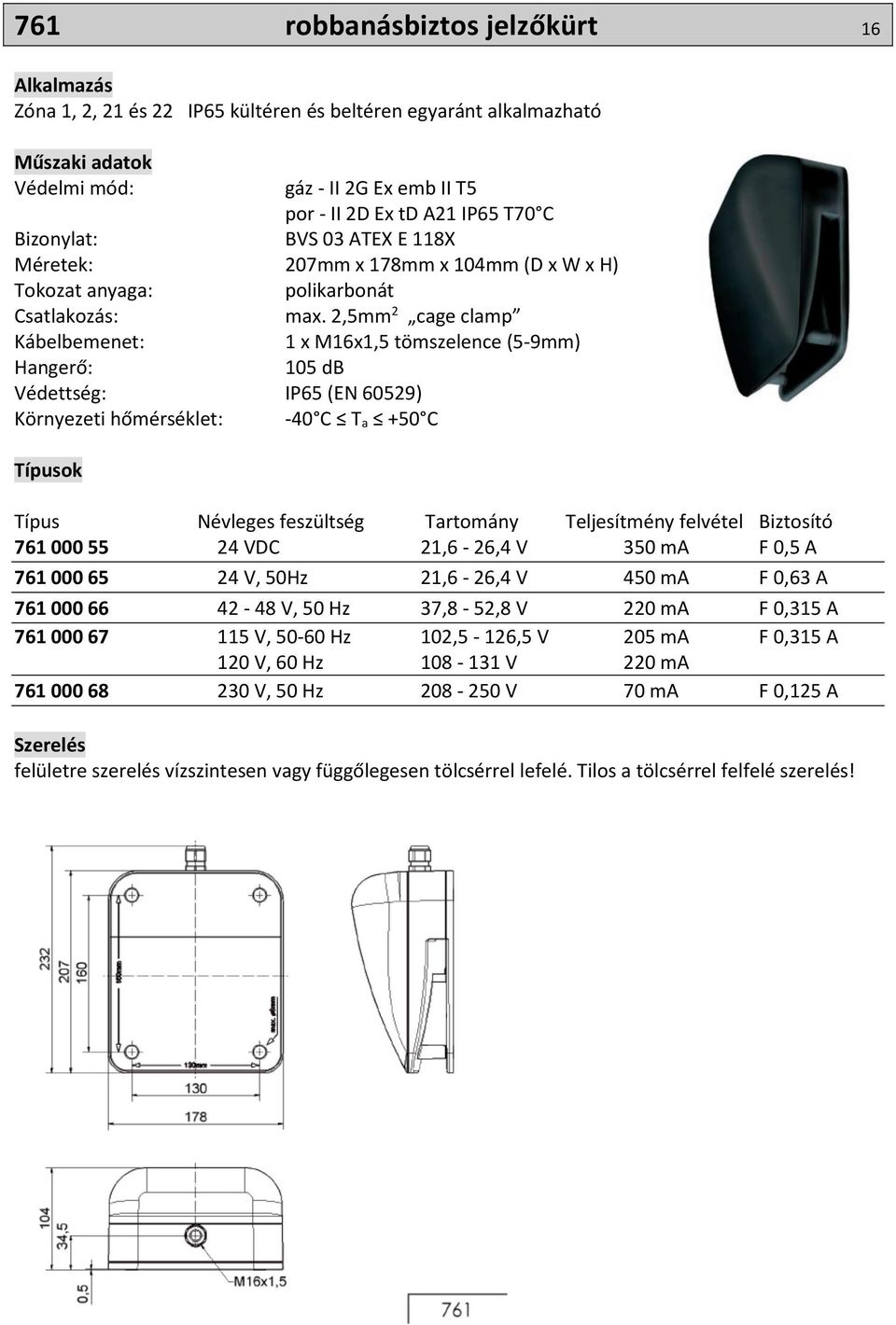 2,5mm 2 cage clamp Kábelbemenet: 1 x M16x1,5 tömszelence (5-9mm) Hangerő: 105 db Védettség: IP65 (EN 60529) Környezeti hőmérséklet: -40 C T a +50 C Típus Névleges feszültség Tartomány Teljesítmény