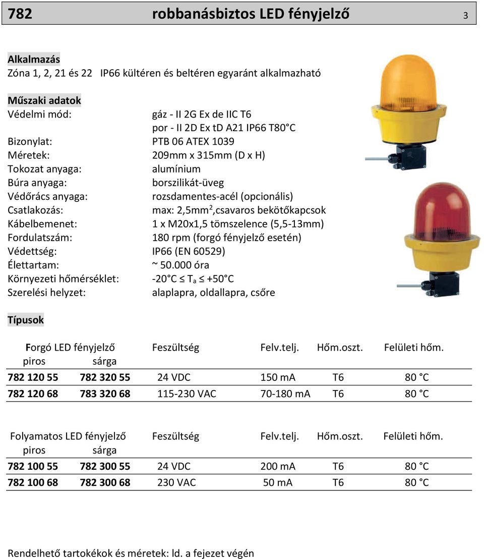 Kábelbemenet: 1 x M20x1,5 tömszelence (5,5-13mm) Fordulatszám: 180 rpm (forgó fényjelző esetén) Védettség: IP66 (EN 60529) Élettartam: ~ 50.