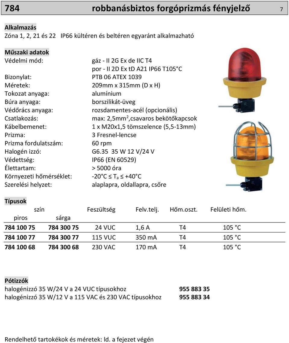 Kábelbemenet: 1 x M20x1,5 tömszelence (5,5-13mm) Prizma: 3 Fresnel-lencse Prizma fordulatszám: 60 rpm Halogén izzó: G6.