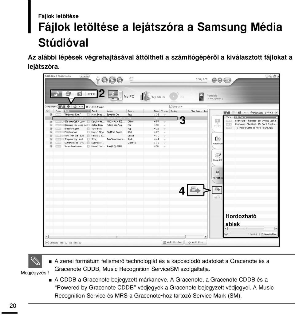 2 3 4 Hordozható ablak 20 A zenei formátum felismerœ technológiát és a kapcsolódó adatokat a Gracenote és a Gracenote CDDB, Music Recognition