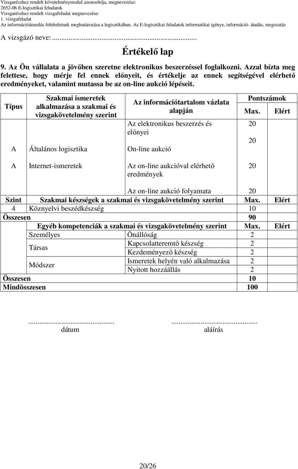 Típus A Szakmai ismeretek alkalmazása a szakmai és vizsgakövetelmény szerint Általános logisztika Pontszámok Az információtartalom vázlata alapján Max.