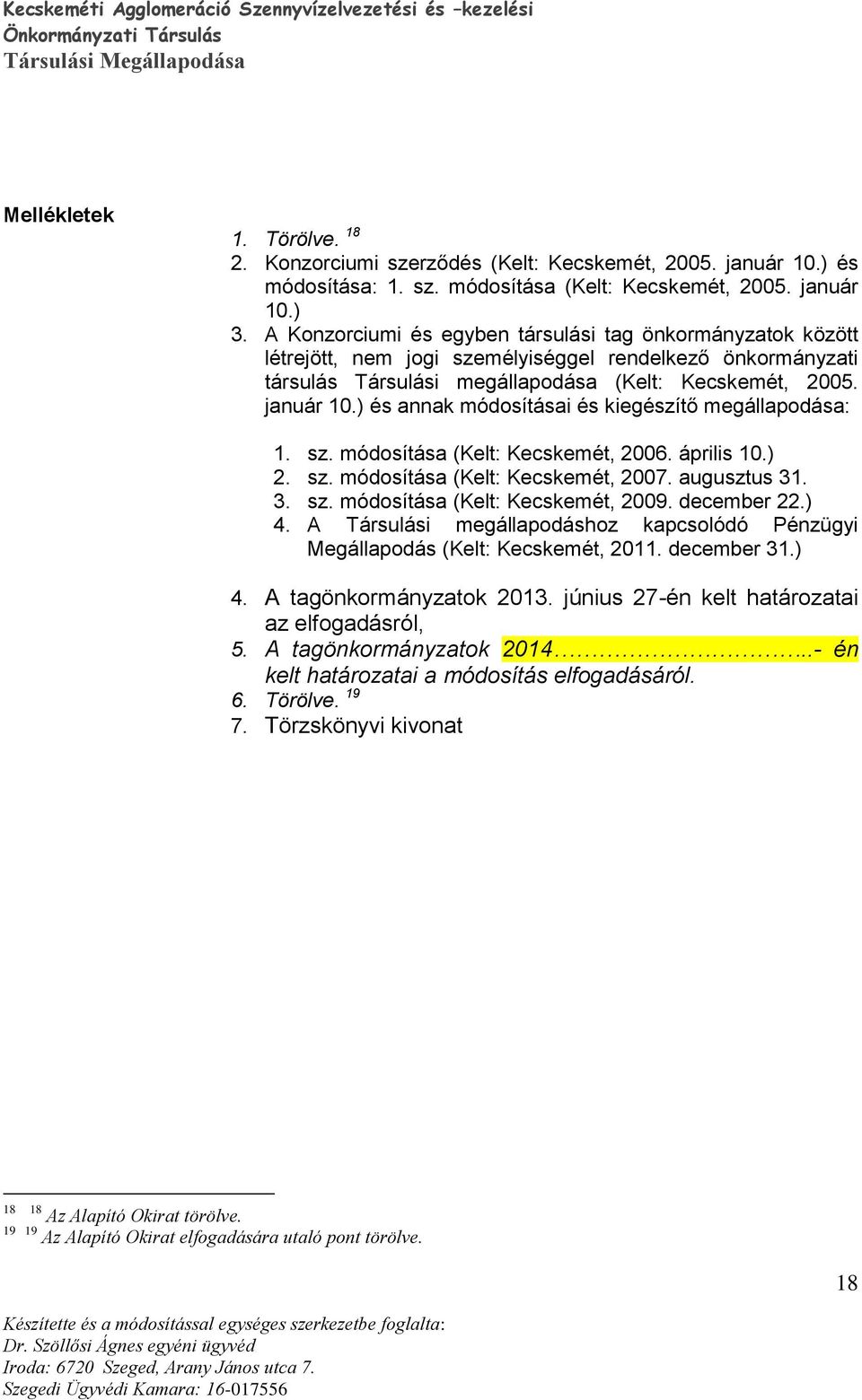 ) és annak módosításai és kiegészítő megállapodása: 1. sz. módosítása (Kelt: Kecskemét, 2006. április 10.) 2. sz. módosítása (Kelt: Kecskemét, 2007. augusztus 31. 3. sz. módosítása (Kelt: Kecskemét, 2009.