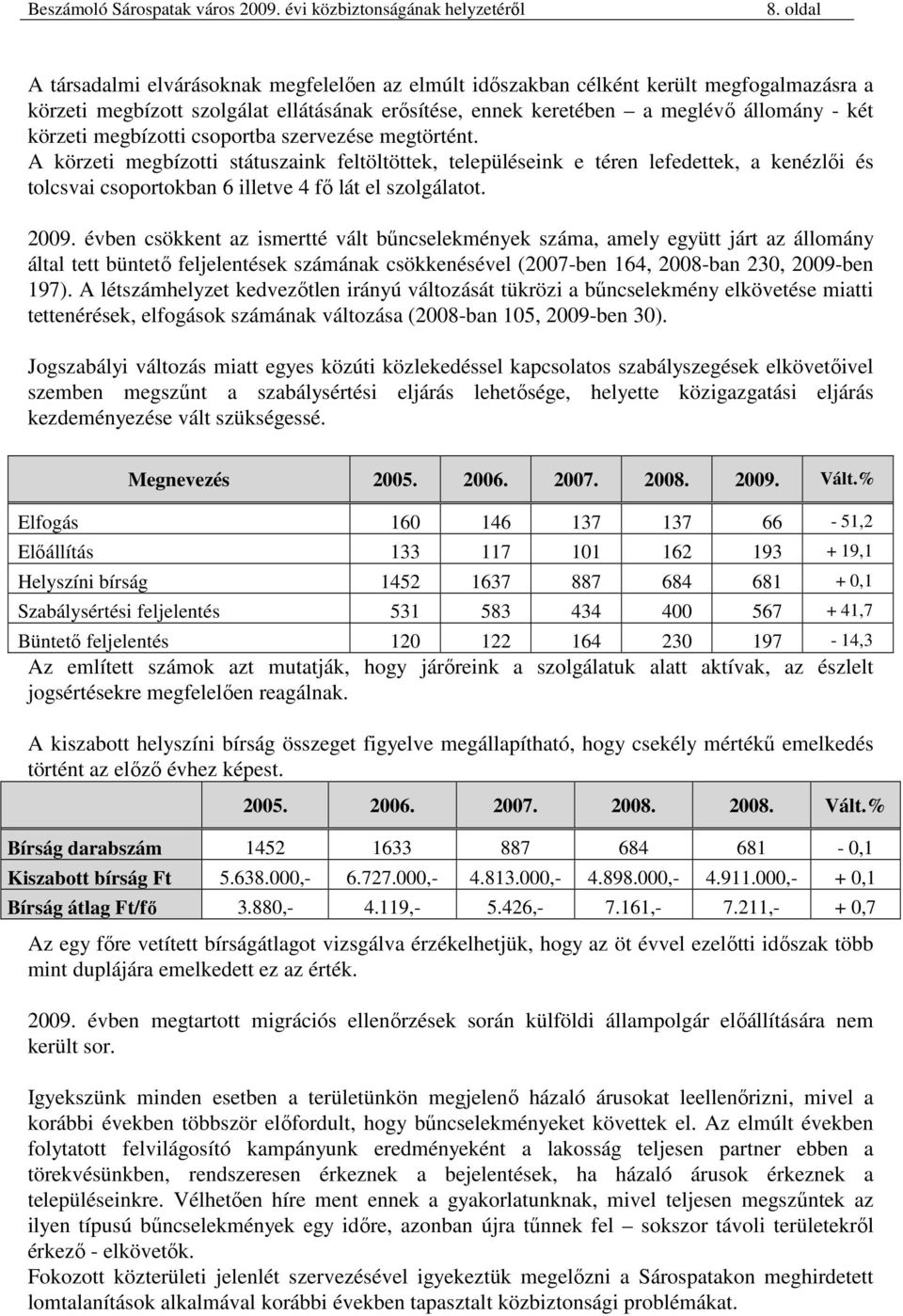 A körzeti megbízotti státuszaink feltöltöttek, településeink e téren lefedettek, a kenézlıi és tolcsvai csoportokban 6 illetve 4 fı lát el szolgálatot. 2009.