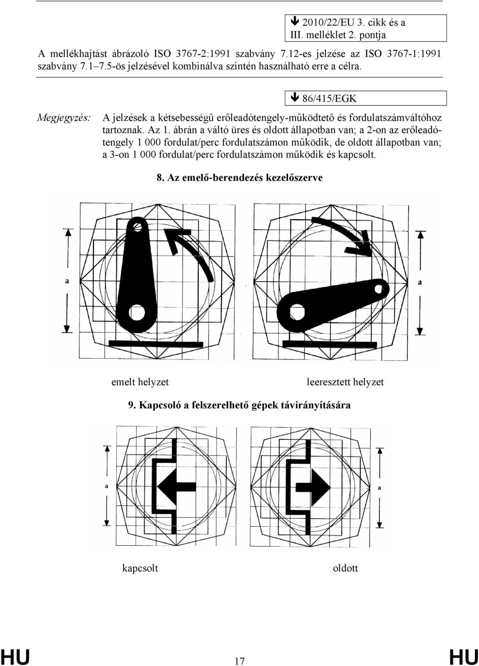 Megjegyzés: 86/415/EGK A jelzések a kétsebességű erőleadótengely-működtető és fordulatszámváltóhoz tartoznak. Az 1.