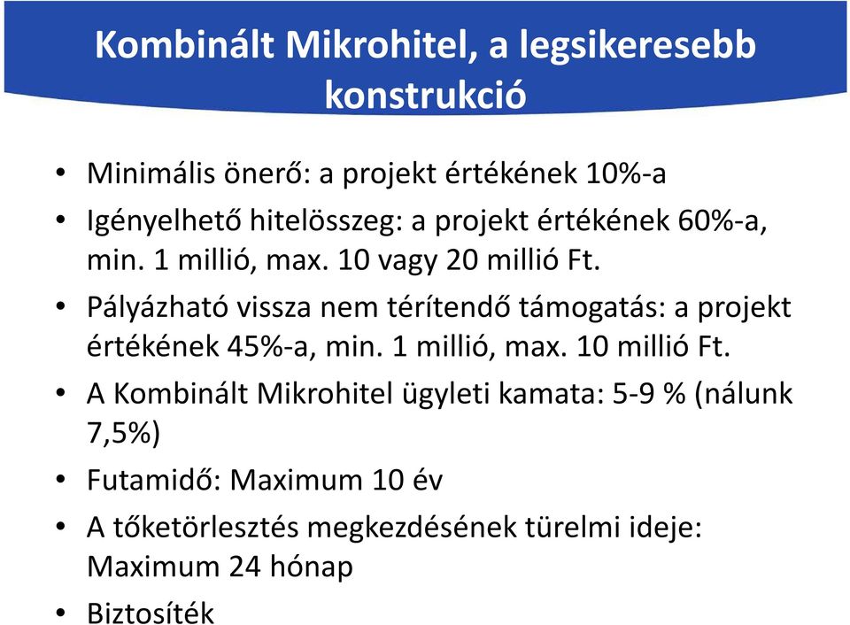 Pályázható vissza nem térítendő támogatás: a projekt értékének 45%-a, min. 1 millió, max. 10 millió Ft.