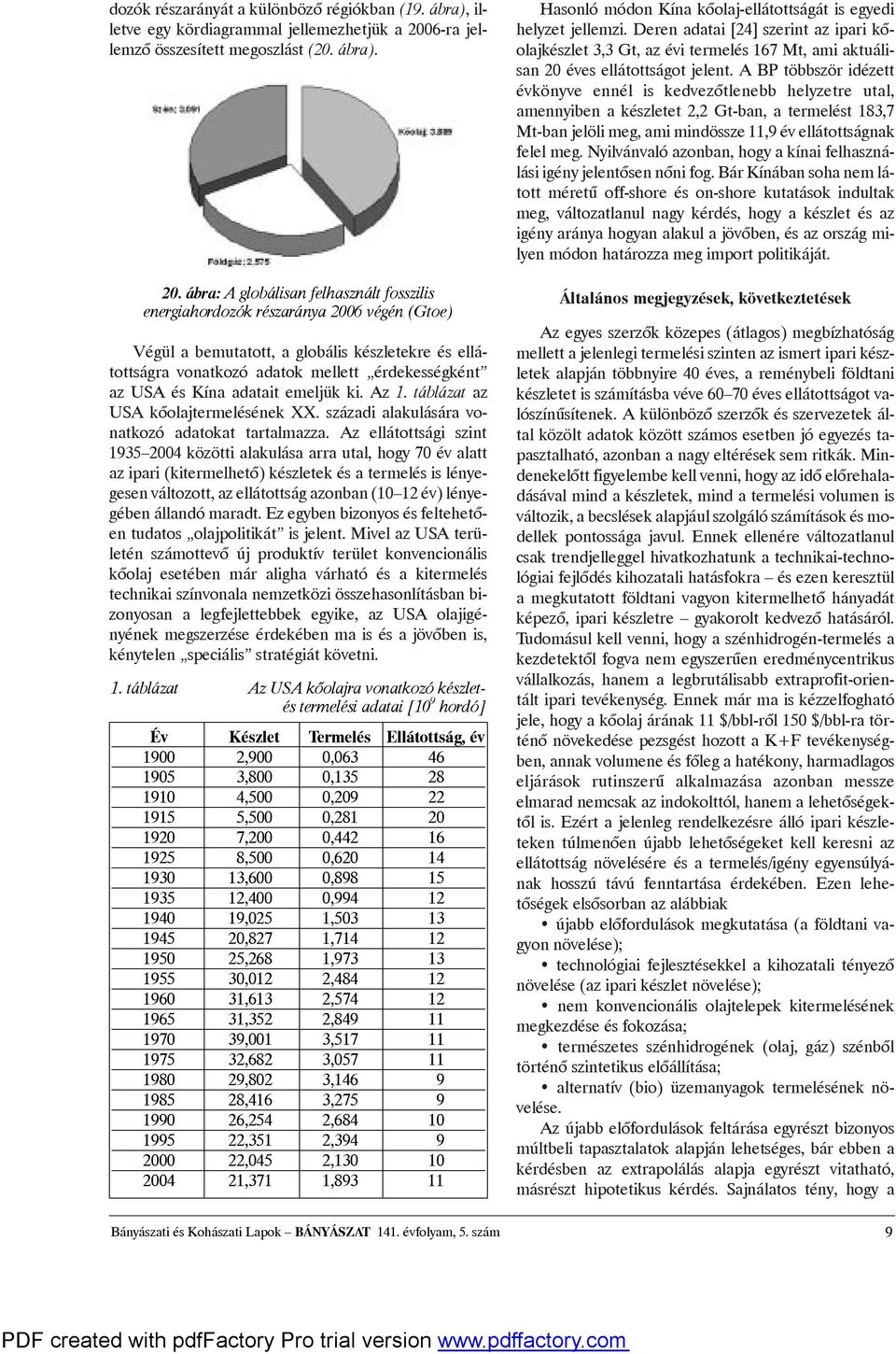 emeljük ki. Az 1. táblázat az USA kõolajtermelésének XX. századi alakulására vonatkozó adatokat tartalmazza.