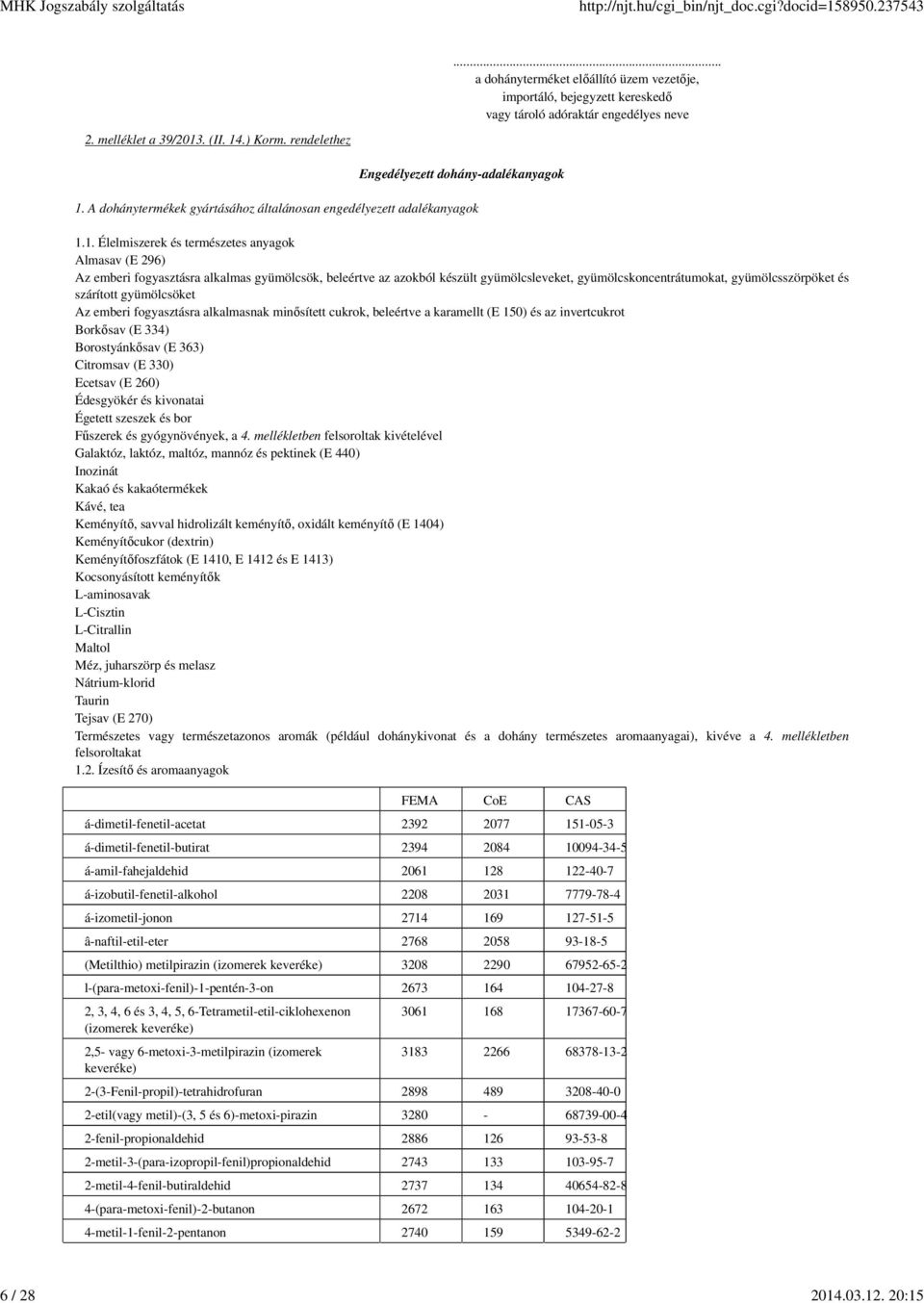 A dohánytermékek gyártásához általánosan engedélyezett adalékanyagok 1.