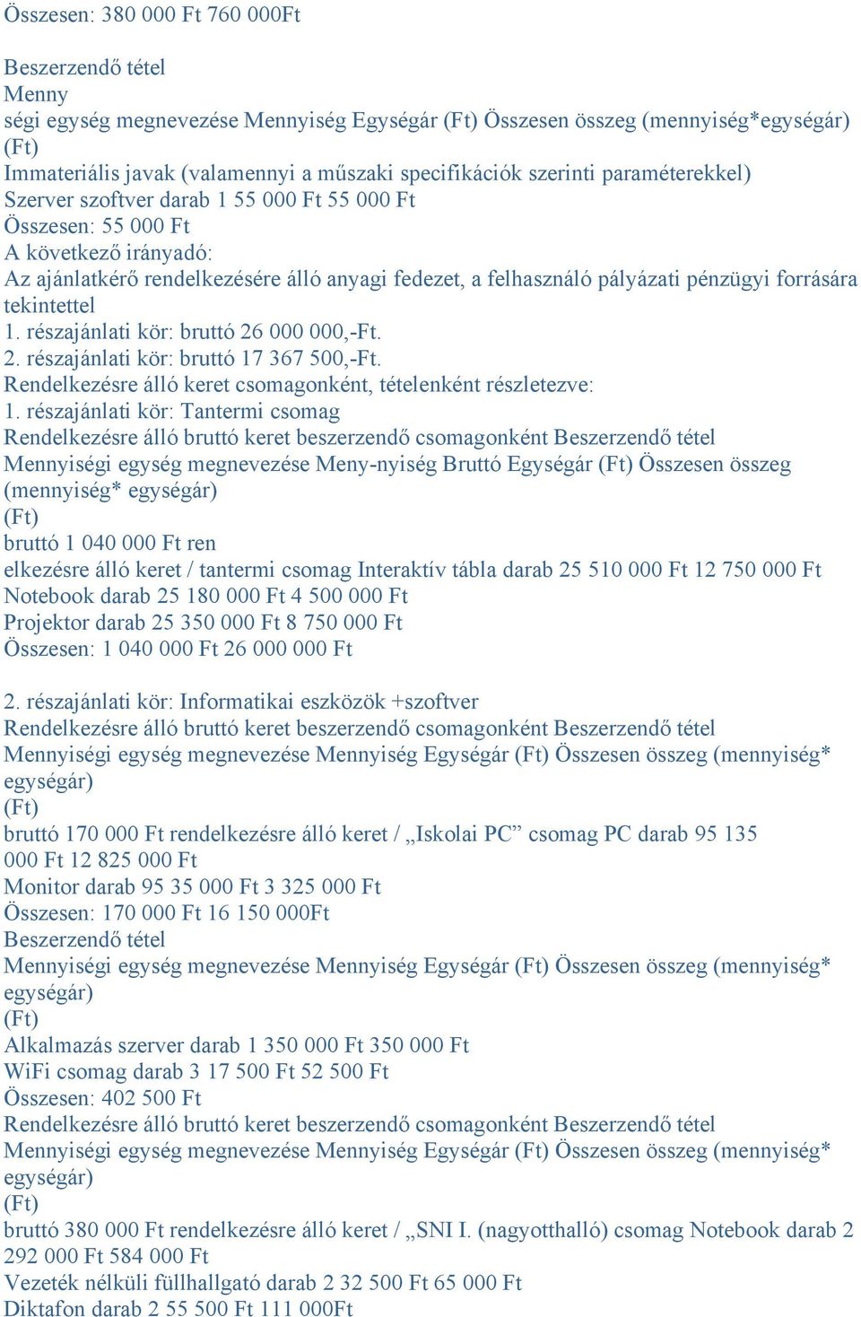 részajánlati kör: bruttó 26 000 000,-Ft. 2. részajánlati kör: bruttó 17 367 500,-Ft. Rendelkezésre álló keret csomagonként, tételenként részletezve: 1.