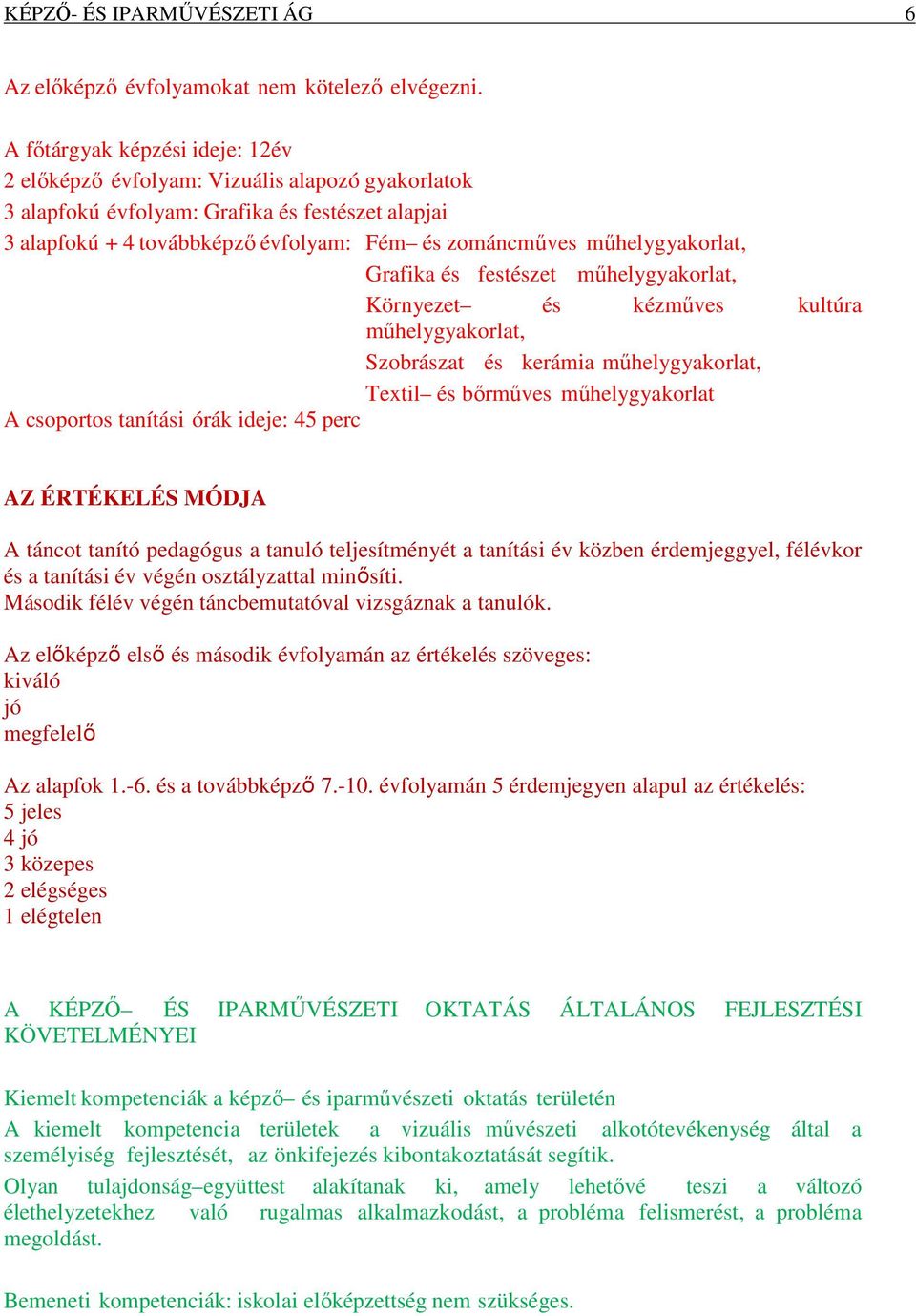 műhelygyakorlat, Grafika és festészet műhelygyakorlat, Környezet és kézműves kultúra műhelygyakorlat, Szobrászat és kerámia műhelygyakorlat, Textil és bőrműves műhelygyakorlat A csoportos tanítási